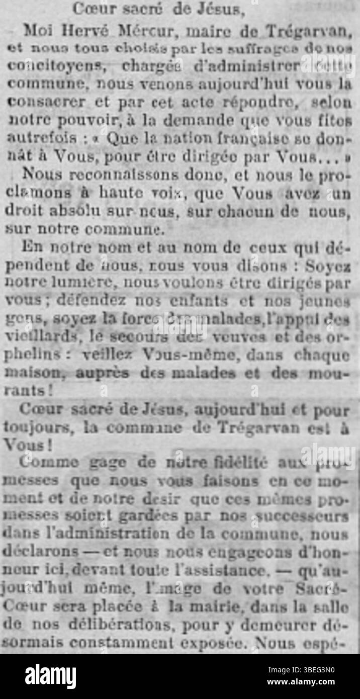 Die Ausgabe von L’Univers vom 9. Februar 1900 enthält eine Proklamation von Hervé Mérour, dem Bürgermeister von Trégarvan, die die Gemeinde dem Heiligen Herzen Jesu weiht. Dieses historische Dokument spiegelt die religiöse Bedeutung des Ereignisses für die Gemeinde im frühen 20. Jahrhundert wider. Stockfoto