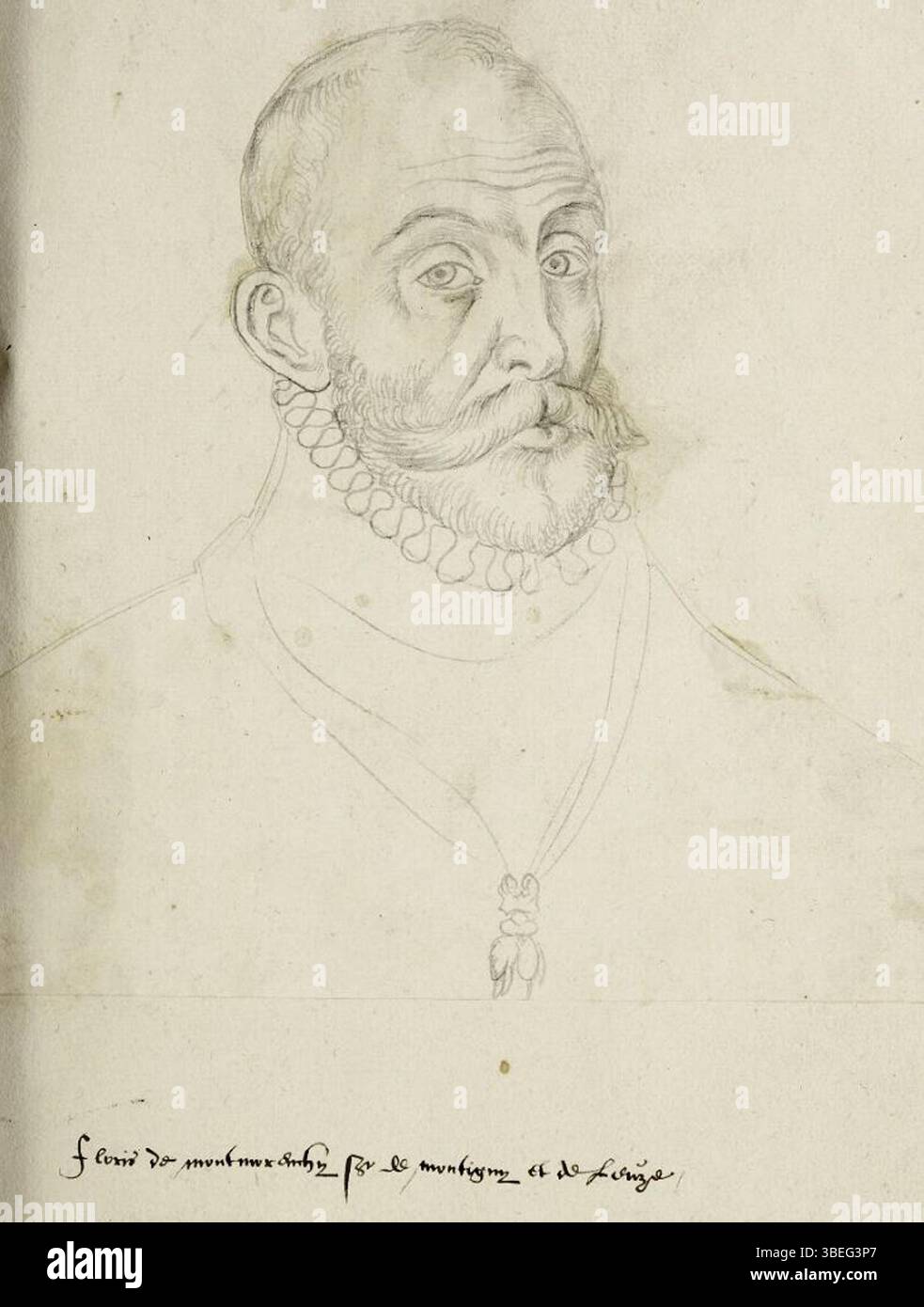 Porträt von Florent de Montmorency, Herr von Montigny, aus dem 16. Jahrhundert, aufgenommen in der Receuil d’Arras, einer Serie von Porträts, die von Jacques de Boucq kopiert wurden. Stockfoto