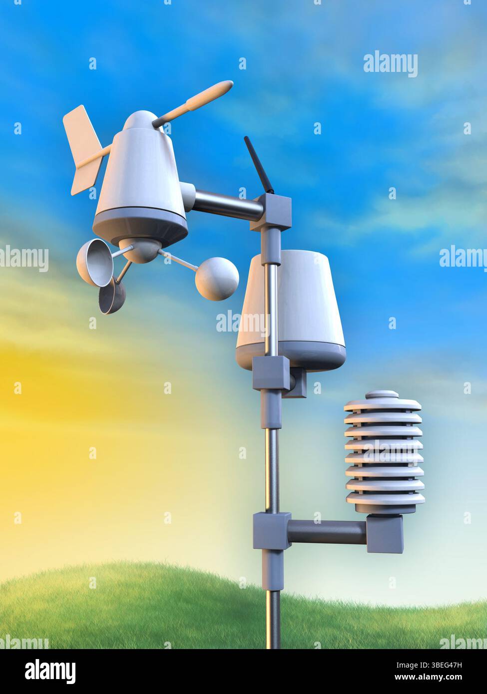 Drahtlose Wetterstation mit Anemometer, Pluviometer und Temperatursensor. Digitale Illustration. Stockfoto