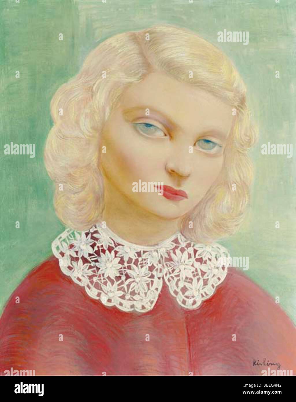 Dieses Porträt von Moise Kisling aus dem Jahr 1938 zeigt eine Frau mit einem gerafften Kragen, was Kislings Porträtstil in den 1930er Jahren veranschaulicht Das Stück zeigt Kislings Ansatz zur klassischen Porträtmalerei mit modernistischem Touch. Stockfoto