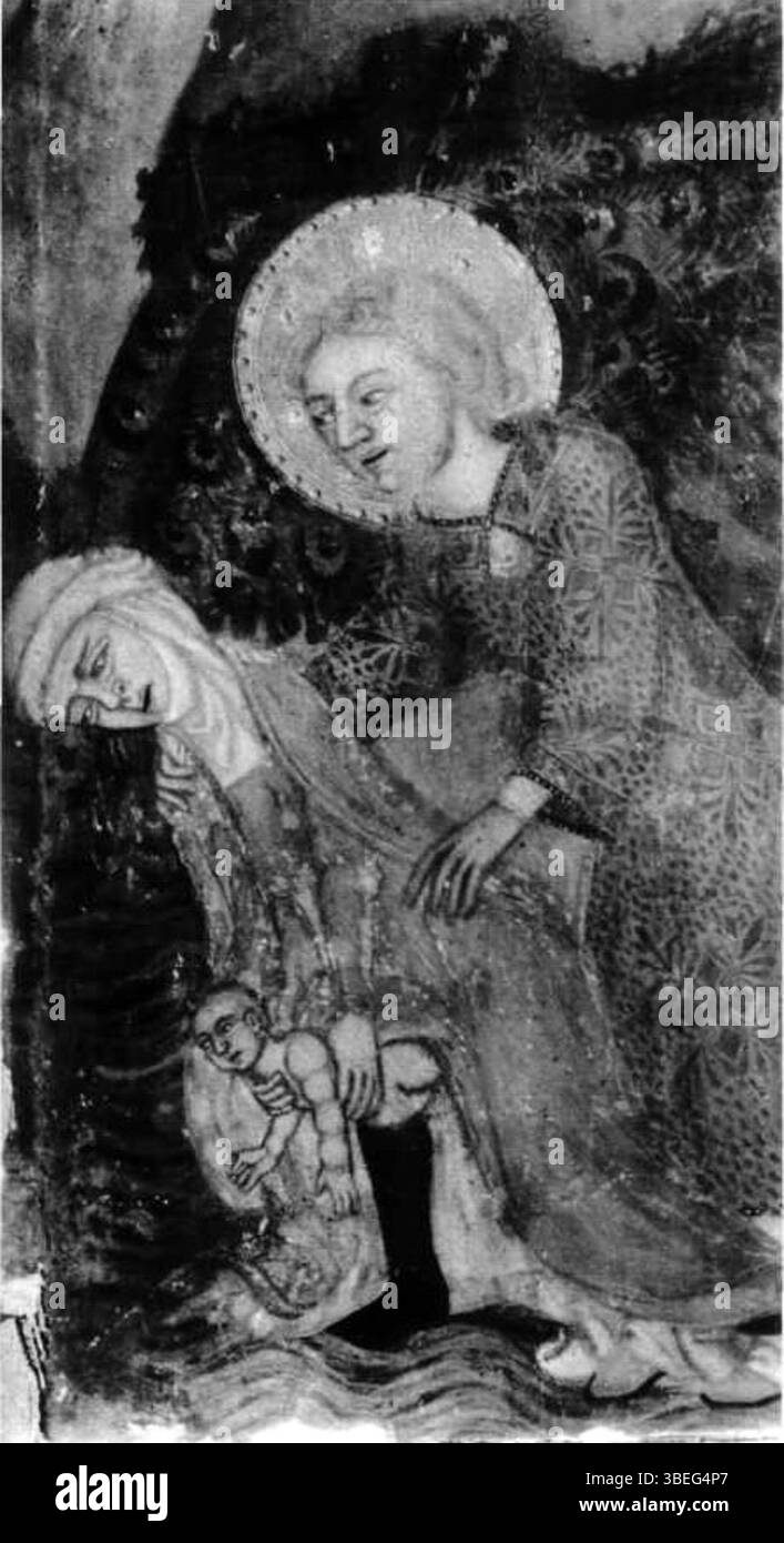 Dieser teilweise Altaraufsatz aus dem Jahr 1380, bekannt als Retaule d’Elna, zeigt die Darstellung einer Hebamme, die aus dem Wasser gerettet wurde. Es wird dem Meister von Elna zugeschrieben, einem katalanischen Künstler aus der Spätgotik. Stockfoto