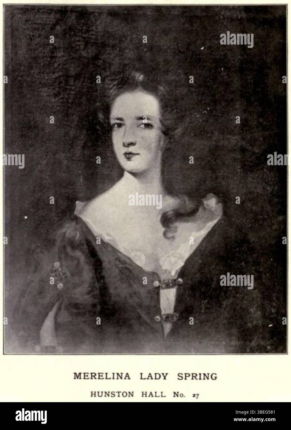 Dieses Foto zeigt ein verlorenes Porträt von Hon. Merolina Jermyn, Tochter und Miterbin von Thomas Jermyn, 2. Baron Jermyn, und Henry Jermyn, 1. Baron Dover. Sie heiratete Sir Thomas Spring, 3. Baronet, wie sie in Reverend Edmund Farrers Buch von 1908 erwähnt wurde. Stockfoto