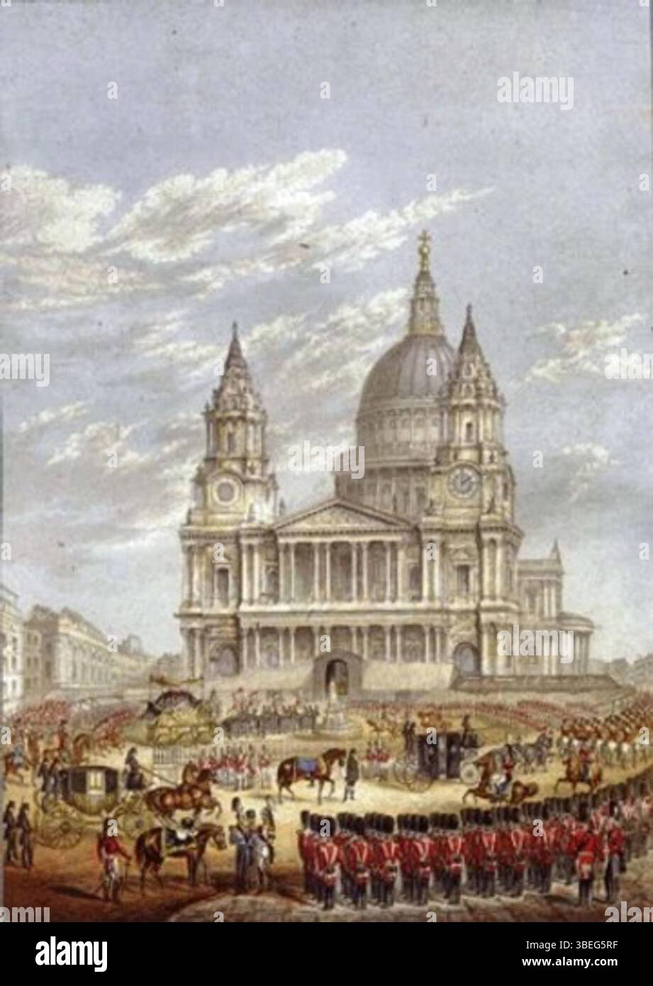 Druck von George Baxter (1804–1867), veröffentlicht 1852, mit der Darstellung der Beerdigung des Duke of Wellington. Erstellt mit dem Baxter-Prozess mit acht Farbblöcken. Das Druckformat beträgt 1/8 x 3/8 Zoll. Stockfoto