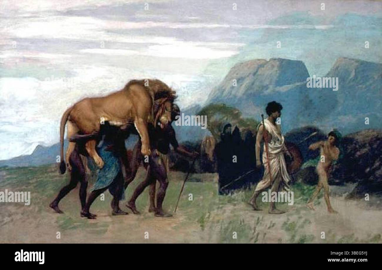 Jean-Léon Gérôme *Retour de la chasse au Lion* zeigt eine dramatische Szene aus der Jagd und zeigt die Rückkehr der siegreichen Jäger mit ihren gefangenen Löwen. Das Gemälde ist ein typisches Beispiel für Gérôme Fokus auf historische und orientalistische Themen, die Realismus und klassische Themen miteinander verbinden. Stockfoto