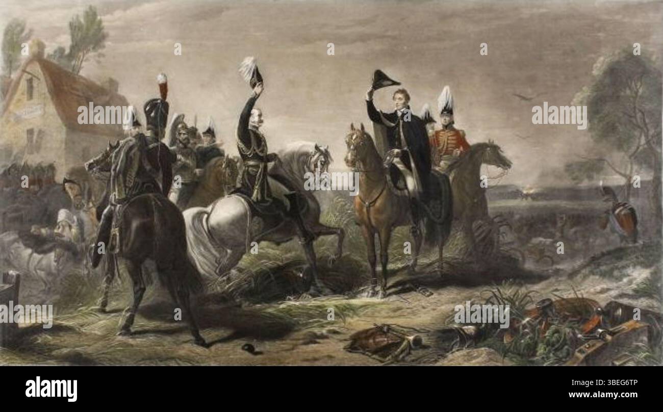 Dieser Kupferstich von Charles G. Lewis, basierend auf einem Gemälde von Thomas Jones Barker, zeigt die Begegnung zwischen dem Duke of Wellington und dem preußischen General Blücher nach der Schlacht von Waterloo. Die Szene fängt einen entscheidenden Moment der europäischen Geschichte ein. Stockfoto