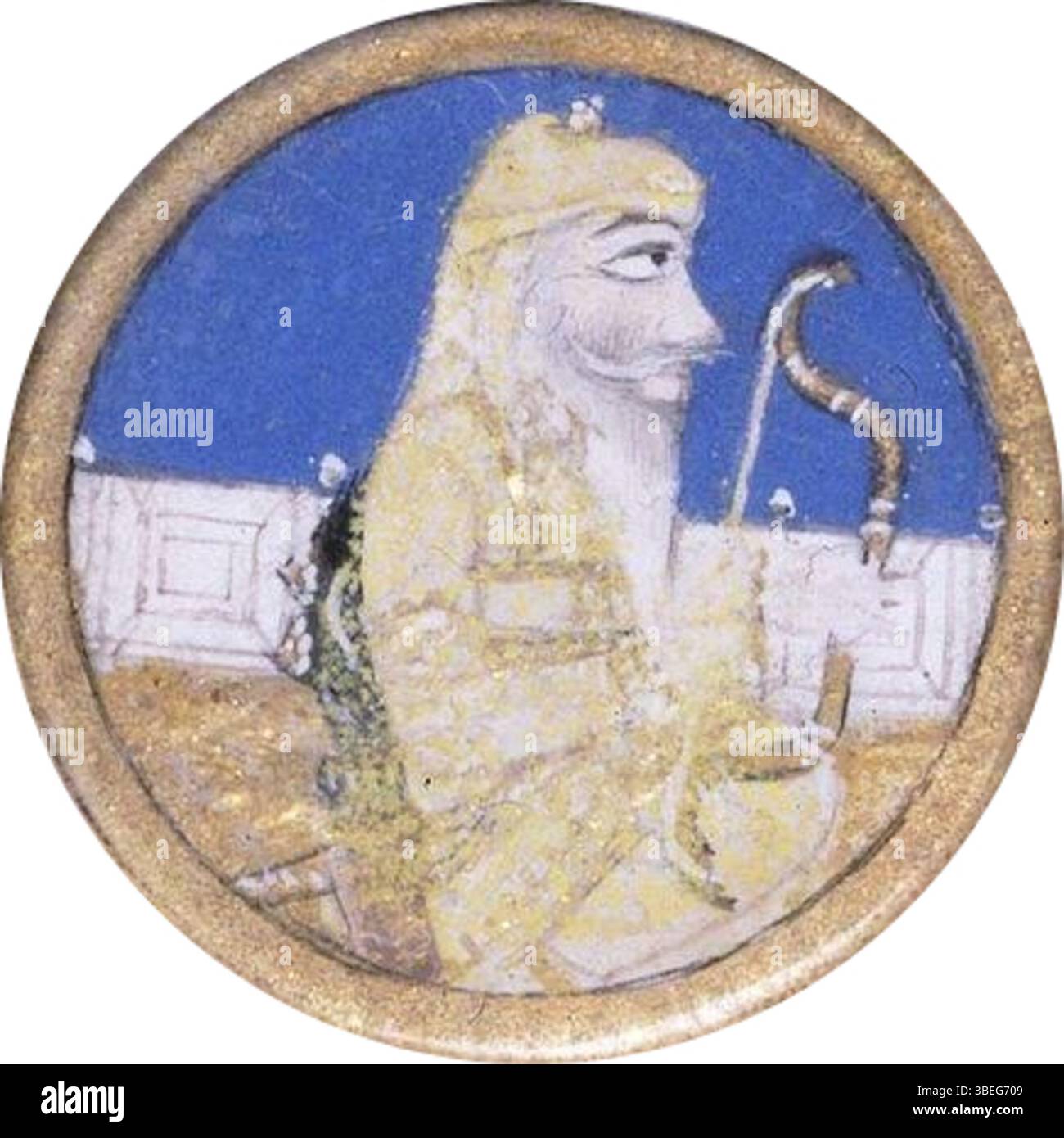 Dieses Miniaturgemälde, datiert zwischen 1837 und 1839, zeigt Maharaja Ranjit Singh auf einer seiner Medaillen, möglicherweise der Stern des Wohlstands des Panjab. Die Verdienstordnung wurde von der französischen Ehrenlegion inspiriert und von Ranjit Singh eingeführt. Stockfoto