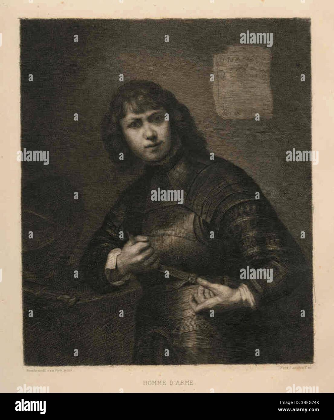 Das Werk von Ferdinand Leenhoff zeigt einen Soldaten, der sich darauf vorbereitet, seinen Kürass anzuziehen. Das Kunstwerk basiert auf einem Gemälde von Rembrandt, das die sorgfältige Vorbereitung des Soldaten auf die Schlacht unterstreicht. Stockfoto