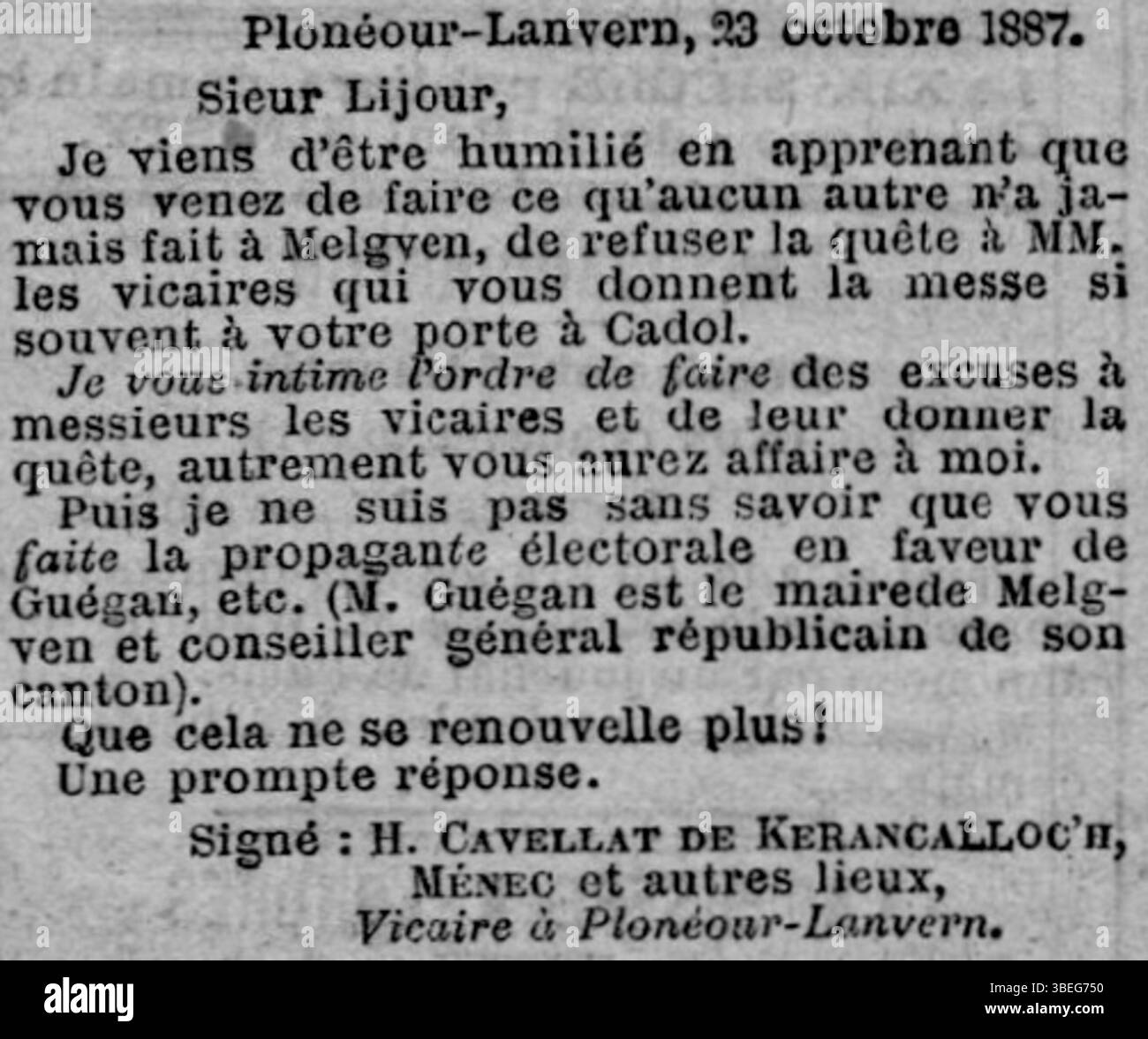Ein Brief eines Vikars in Melgven an einen Gemeindegänger in Cadol, veröffentlicht in der Ausgabe vom 3. November 1887 der französischen Zeitschrift Le XIXe siècle. Der Brief bietet Einblicke in die religiöse und soziale Dynamik der Zeit. Stockfoto