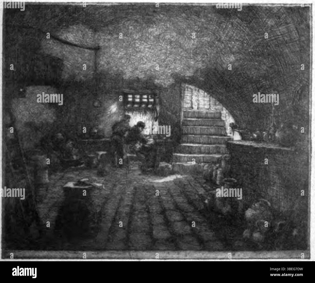 Ätzung mit dem Titel „im Reich der Kupferschmiede“, erstellt von Francis Petrus Paulus um 1926, die Szenen in Bezug auf das Handwerk und die Werkstattumgebung der Kupferschmiede illustriert. Stockfoto