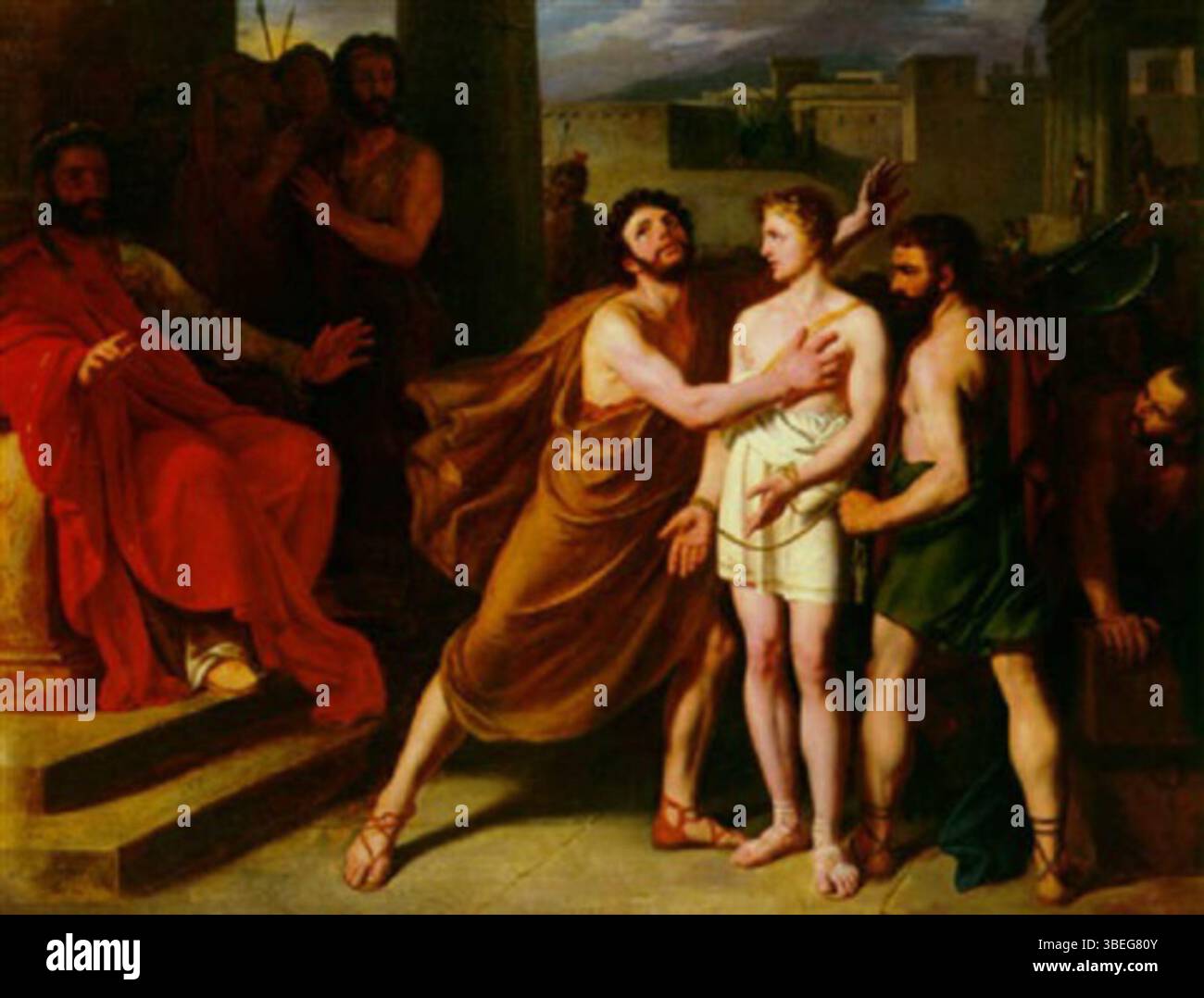 Jean-Alphonse Roehns Gemälde „Pythias et Damon chez Denys le tyran“ aus dem Jahr 1826 zeigt die berühmte Geschichte von Pythias und Damon unter dem Tyrannen Dionysius. Dieses Stück in einer privaten Sammlung beleuchtet Themen der Loyalität und Freundschaft in der klassischen Antike. Stockfoto