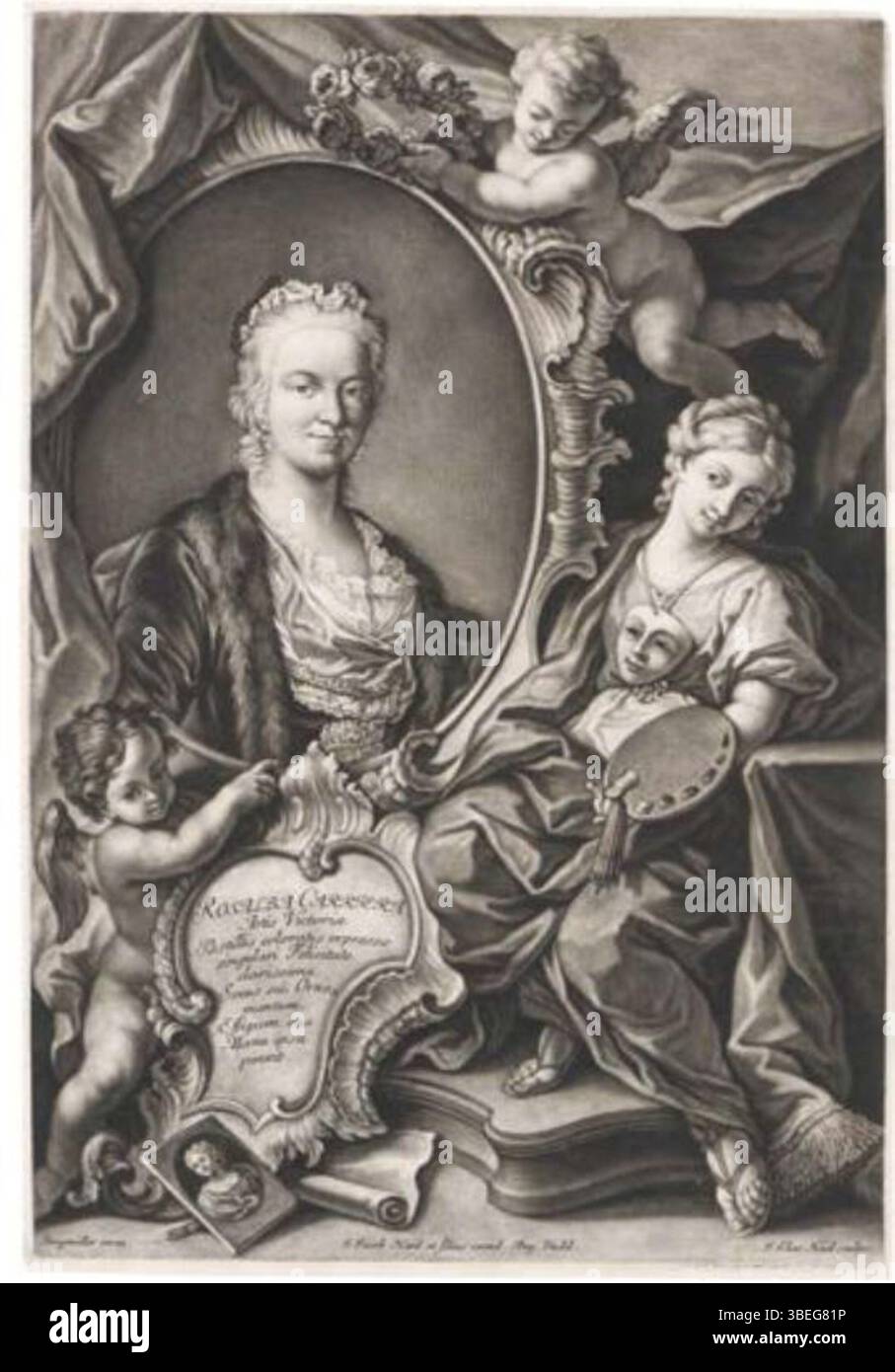 Dieser Gravur zeigt ein Selbstporträt von Rosalba Carriera, einem venezianischen Künstler aus dem 18. Jahrhundert, geätzt von Johann Elias Haid, wobei Johann Georg Bergmüller zum Rahmen beitrug. Carriera war bekannt für ihre Porträtminiaturen und ihren Einfluss in der Rokoko-Kunst. Stockfoto