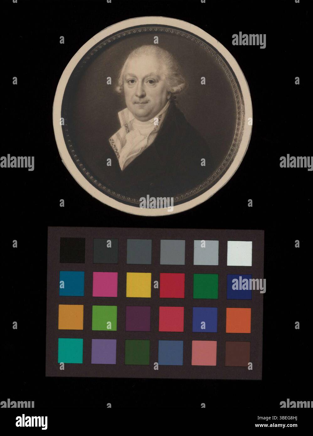 * Portrait of Franz Christ-Frey* (um 1812) ist eine schwarz-weiße Reproduktion eines Miniaturbildes von Friedrich Ochs, das Franz Christ-Frey im klassischen Stil des frühen 19. Jahrhunderts darstellt. Stockfoto