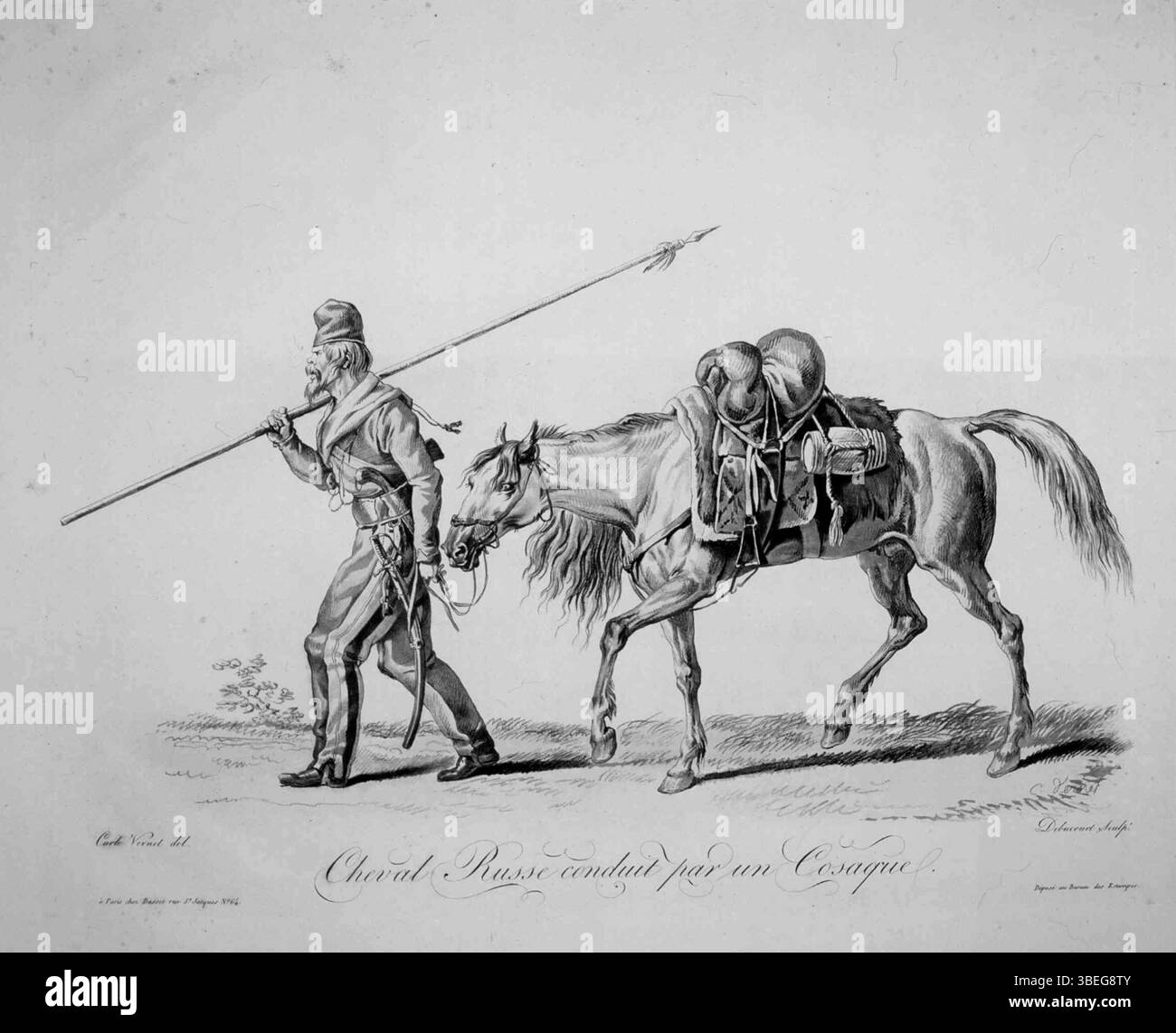 Diese Lithografie von Philibert-Louis Debucourt, nach Carle Vernet, zeigt einen Kosaken, der ein russisches Pferd am Zaumzeug führt. Stockfoto