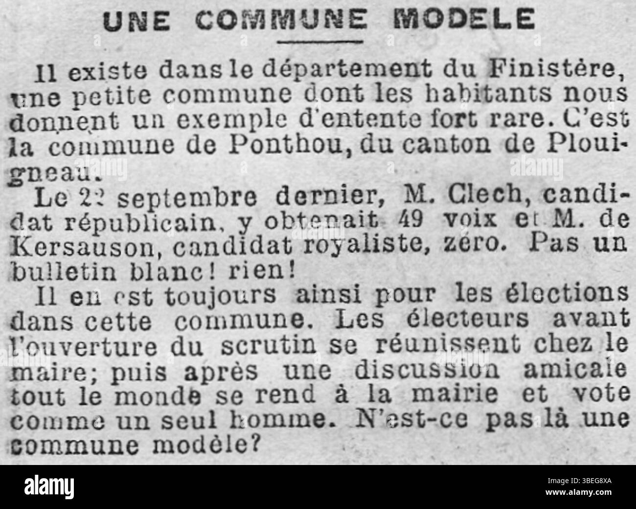 Artikel der Zeitung La Lanterne vom 7. Oktober 1889, in dem Le Ponthou als Mustergemeinde in Frankreich beschrieben wird. Stockfoto