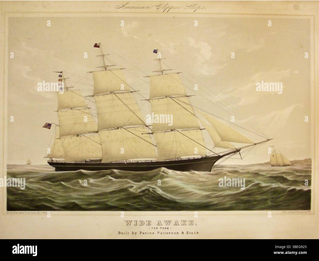 Das Clipper-Schiff *Wide Awake* wurde 1853 von Perrine, Patterson & Stack in Williamsburg, New York, für Stiffkin & Ironsides in New York gebaut. Dieses schnelle Schiff verkehrte zwischen New York und Singapur, bevor es 1857 in Bangkok verkauft wurde, wo es unter siamesischer Flagge segelte. Er hatte eine Länge von 168 Fuß und wog 758 Tonnen. Stockfoto