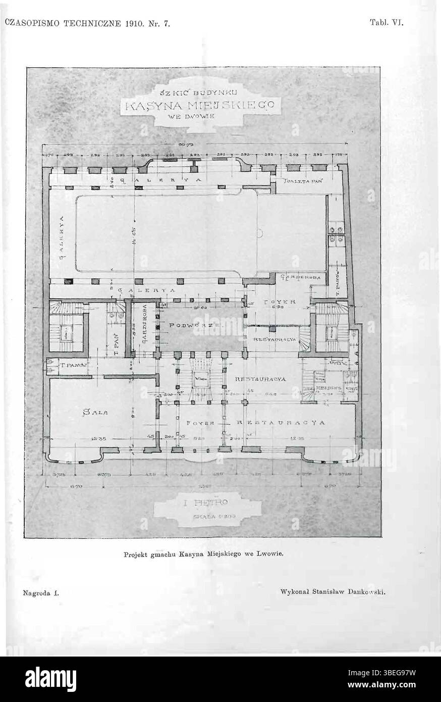 Es handelt sich um eine dritte Ausgabe des City Casino Projekts in Lemberg von Stanislaw Dankowski, das 1910 gegründet wurde. Die Zeichnung zeigt zusätzliche Aspekte des Entwurfs und der Grundrisse des Gebäudes. Stockfoto