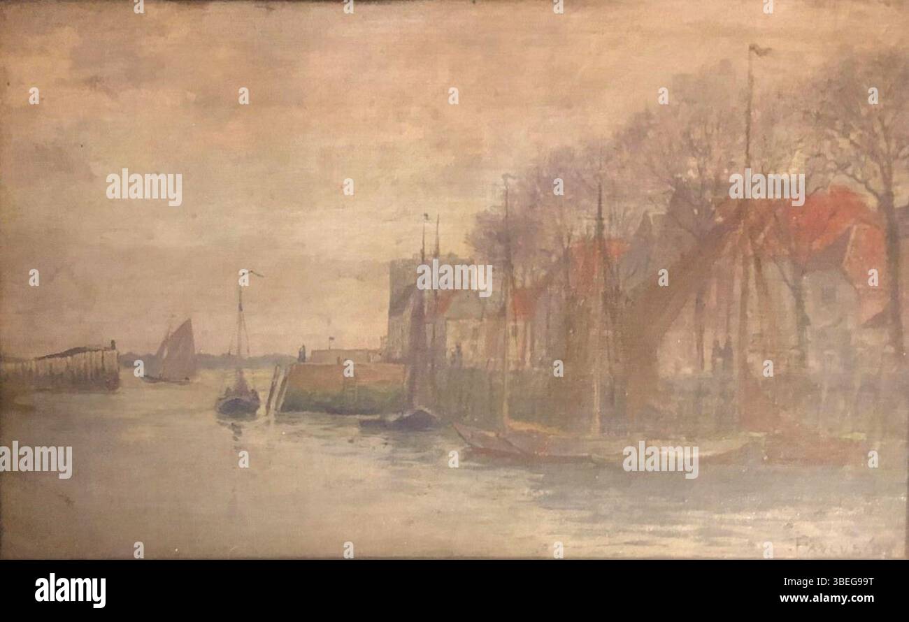 Dieses Ölgemälde von Francis Petrus Paulus aus dem Jahr 1903 auf Holztafel misst 9,5 x 15,25 cm und ist vom Künstler signiert. Er spiegelt Paulus' Stil im frühen 20. Jahrhundert wider. Stockfoto