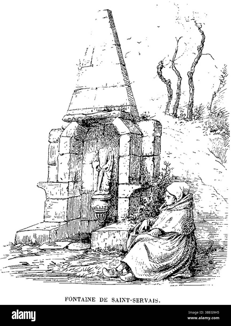 Diese Zeichnung der Fontaine de Saint-Servais wurde 1891 im Bulletin monumental von P. Chardin veröffentlicht. Der Brunnen, ein bemerkenswertes Merkmal von Saint-Servais, wird in einem detaillierten architektonischen Stil präsentiert, der französische öffentliche Kunst aus dem 19. Jahrhundert zeigt. Stockfoto