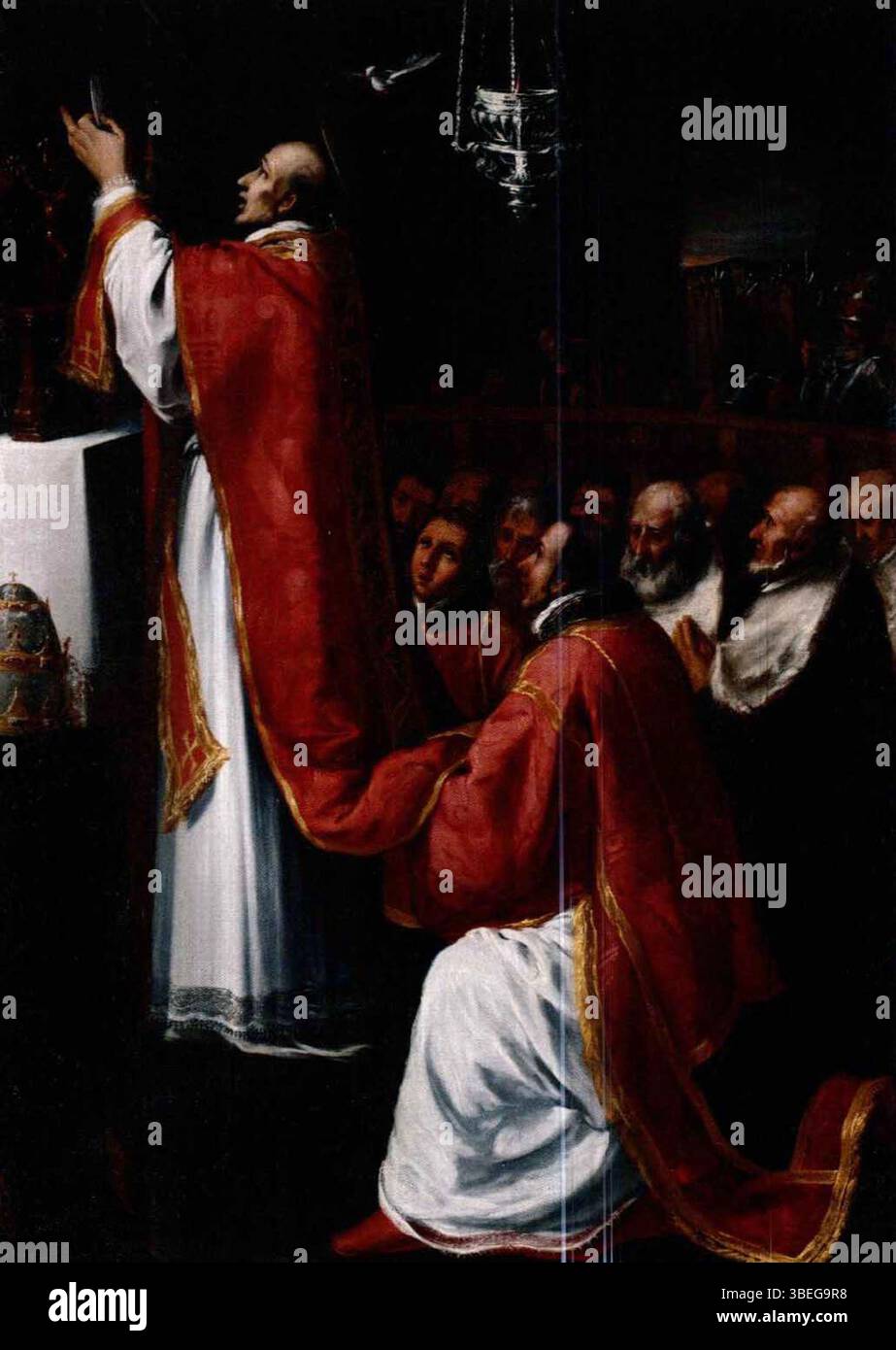 Dieses Gemälde, die Messe Papst Gregors des Großen, wird der Schule von Lyon um 1640–1650 zugeschrieben. Es ist ein Öl auf Leinwand, 160 x 118 cm groß und derzeit in der Gemäldegalerie Alter Meister in Dresden untergebracht. Es zeigt eine religiöse Messe unter der Leitung von Papst Gregor dem Großen. Stockfoto