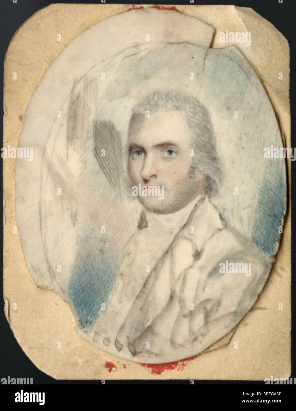 Ezra Ames Selbstporträt, das in Aquarell auf Elfenbein erstellt wurde, misst 2,5 x 2 Zoll. Ames (1768–1836) war ein bekannter amerikanischer Künstler und spiegelt seinen persönlichen künstlerischen Stil und seine Liebe zum Detail in Miniaturporträts wider. Stockfoto