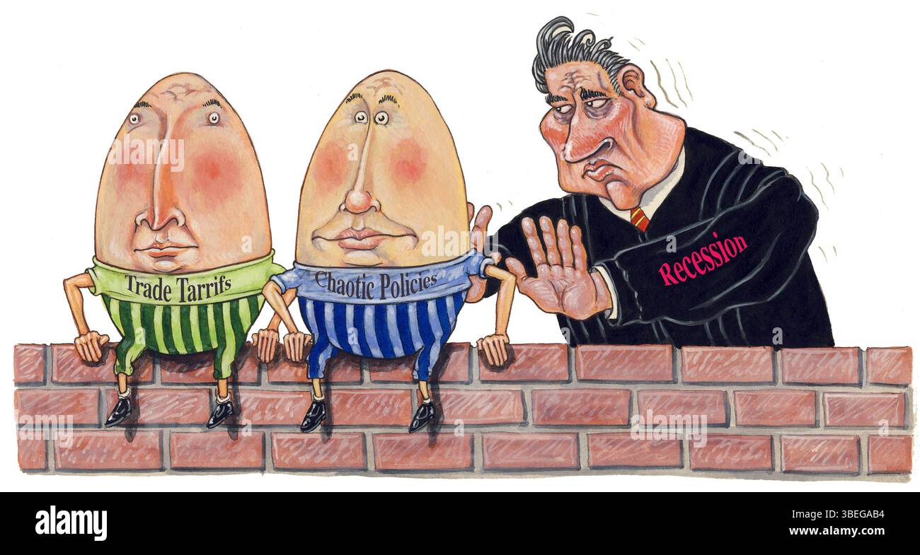 Cartoonkunst, die sich auf die Handelzölle von Präsident Trump und eine chaotische Politik bezieht, von der viele sagen, sie drohe, die amerikanische Weltwirtschaft in die Rezession zu treiben Stockfoto