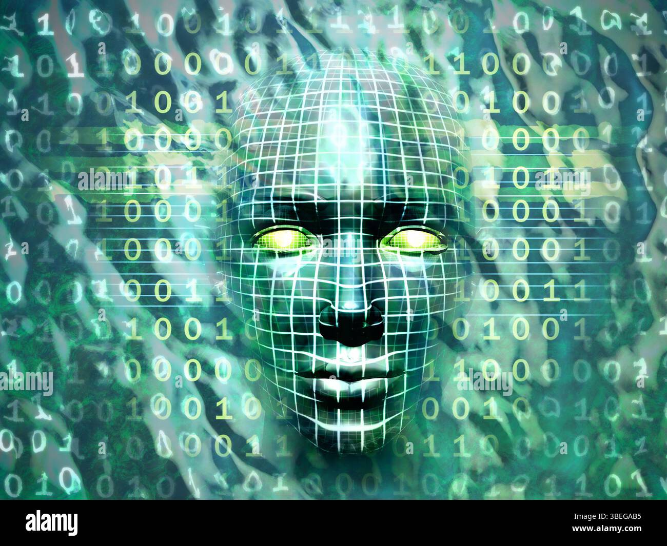 Menschlicher Kopf, der aus einer Wasser- und Binärcode-Oberfläche auftaucht. Digitale Illustration. Stockfoto