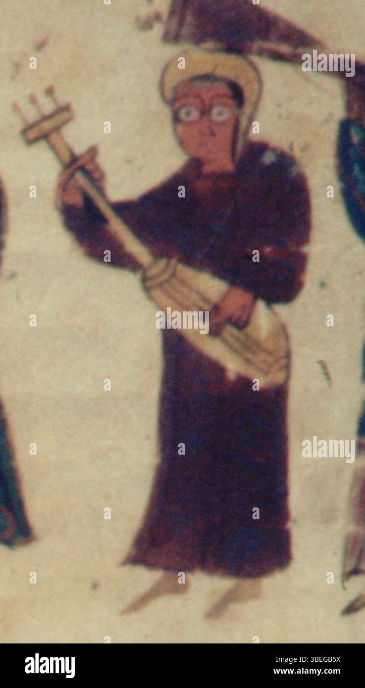Ein Lautenspieler, dargestellt in der Valcavado Beatus Manuskript, Teil eines Leuchtmanuskripts aus dem 10. Jahrhundert, das Musiker in einem biblischen Kontext zeigt. Gemalt von Oveco für den Abt Semporius. Stockfoto