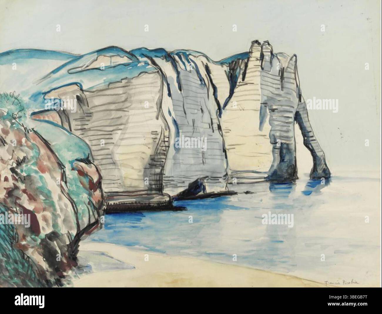 *Etretat* von Francis Picabia (1879–1953) ist ein Stück, das seinen abstrakten Stil und sein Interesse an der unkonventionellen Erfassung der Natur widerspiegelt. Das für Picabias Erforschung des abstrakten Expressionismus typische Werk zeichnet sich durch eine Meereslandschaft mit markanten Linien und Formen aus. Stockfoto