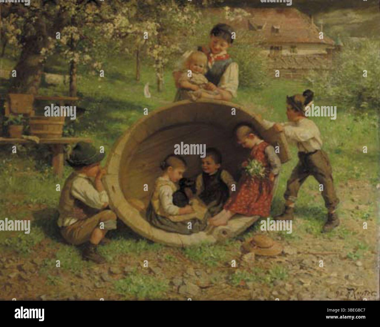 *Faßschaukel*, gemalt von Alexander Max Koester Ende des 19. Jahrhunderts, zeigt einen Jugendlichen, der freudig auf einem Fass schwingt. Das Stück veranschaulicht Koesters Fokus auf jugendlichem Überschwang und ländlichem Leben. Stockfoto