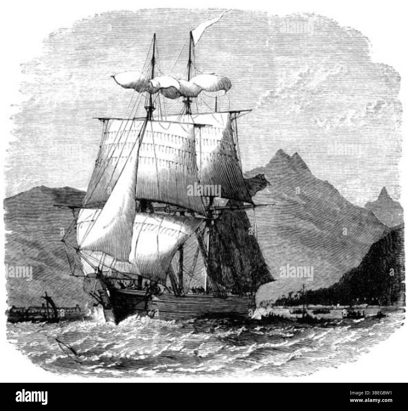 Diese Illustration, signiert von Edwin Weedon, zeigt das Missionsschiff John Williams. Der um 1907 entstandene Druck stammt aus dem Buch *Sea Pictures* von James Macaulay. Es erfasst die historische Bedeutung des Schiffes auf der Missionsreise im 19. Jahrhundert. Stockfoto