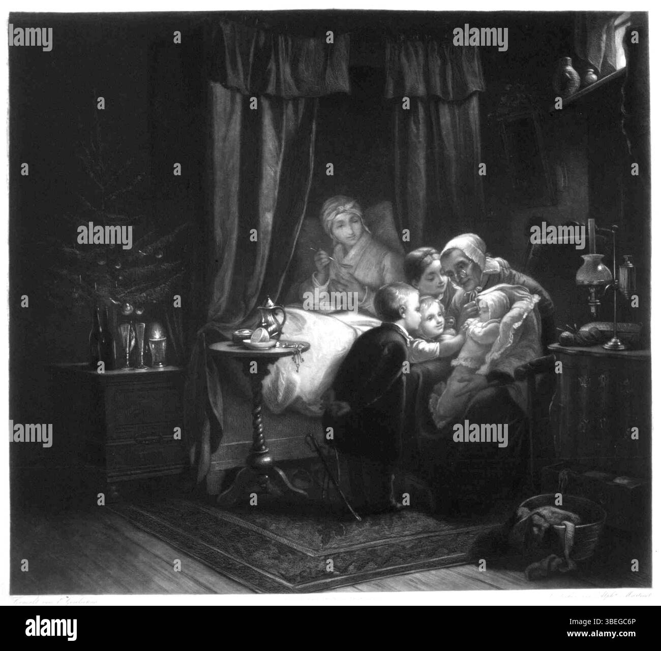 Dieses Kunstwerk von Alphonse Martinet zeigt eine Weihnachtsszene mit Kindern, die das neugeborene Christkind bewundern, während die Mutter Suppe im Bett isst. Die Umgebung ist gemütlich, mit einem Weihnachtsbaum im Hintergrund, der einen ruhigen Familienmoment bietet. Der Künstler fängt die festliche Atmosphäre und Wärme der Saison ein. Stockfoto