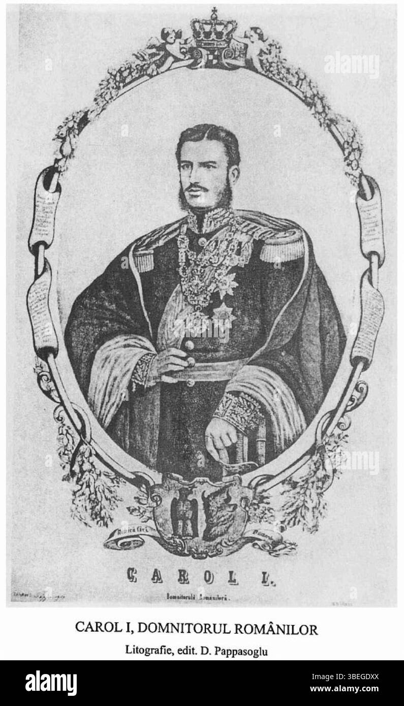 Diese Lithografie aus dem 19. Jahrhundert von Dimitrie Papazoglu stellt Carol I. dar, eine Schlüsselfigur der rumänischen Geschichte. Die Lithografie dient als wichtige visuelle Aufzeichnung der rumänischen Monarchie während seiner Regierungszeit. Stockfoto