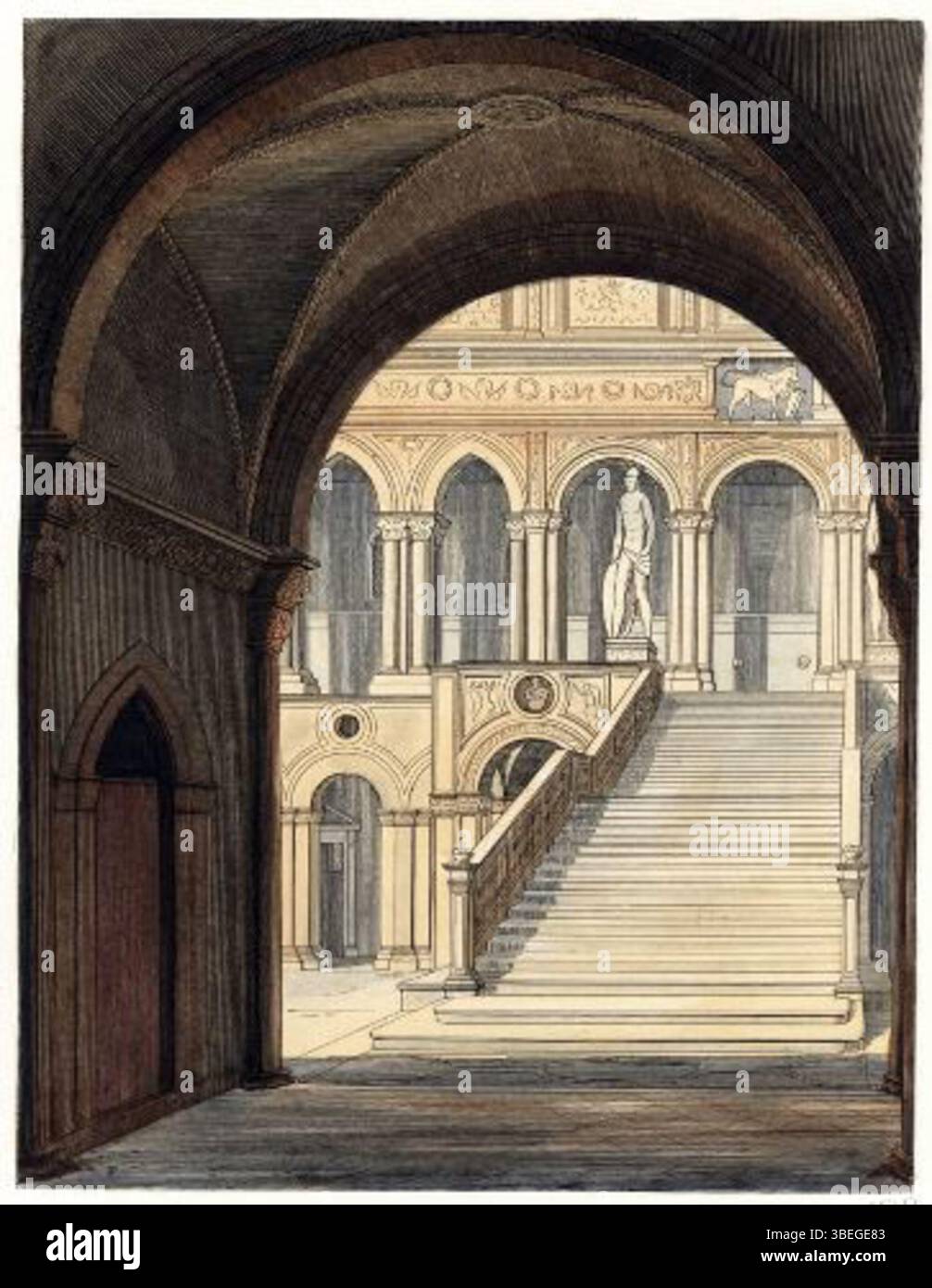 Die *Riesentreppe* im Dogenpalast, gemalt von Paolo Mercuri (1804–1884) vor 1884, zeigt das große architektonische Merkmal des Dogenpalastes in Venedig. Bekannt für seine historische Bedeutung und detaillierte Darstellung, symbolisiert die Treppe venezianische Kunst und Architektur des 19. Jahrhunderts. Stockfoto