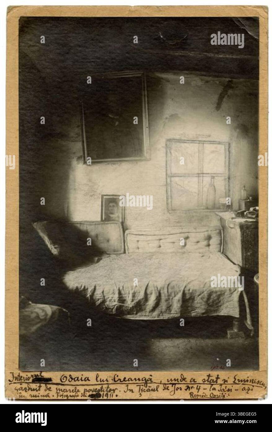 „Bojdeuca lui Ion Creanga“ ist eine Darstellung des Hauses des berühmten rumänischen Schriftstellers Ion Creanga aus dem Jahr 1911, die das rumänische Kulturerbe und die Architektur dieser Zeit repräsentiert. Stockfoto