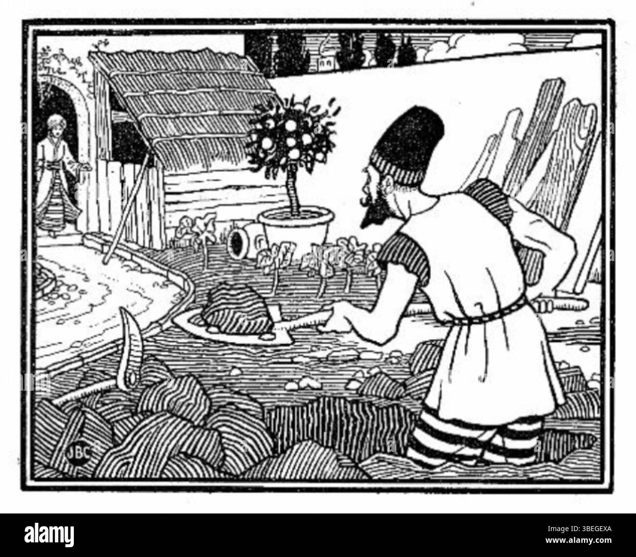 Diese Illustration von Joseph Benwell Clark aus dem Jahr 1896 zeigt eine Schlüsselszene aus der Geschichte von Ali Baba, wo Ali Baba den Schatz versteckt, den er aus der Höhle der vierzig Diebe gestohlen hat. Die Illustration zeigt den Moment, in dem Ali Baba das Gold in den Boden vergraben hat, ein wichtiger Teil der Erzählung. Stockfoto