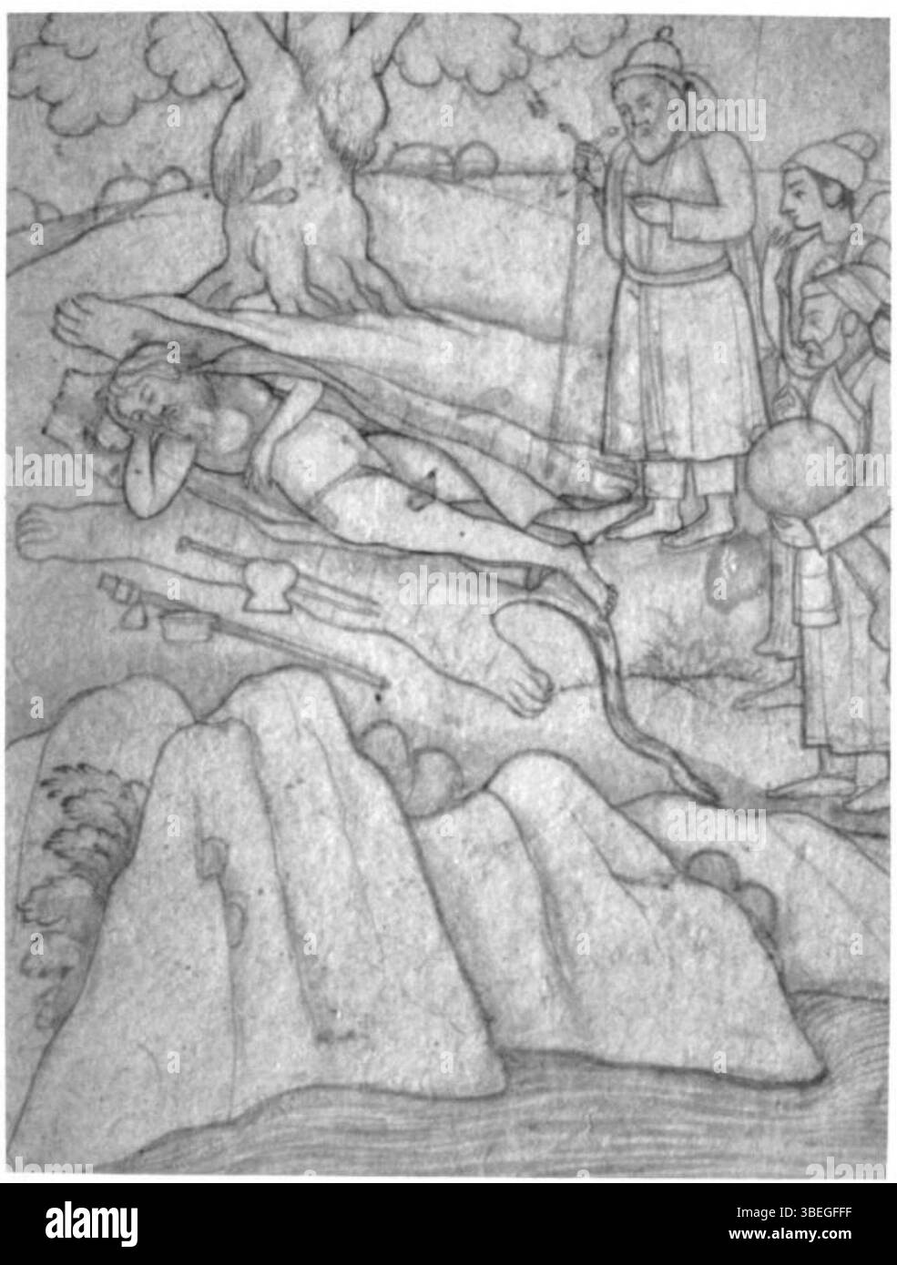 Eine Pinselzeichnung aus der Janamsakhi-Serie, die Guru Nanaks Begegnung mit einem Fakir darstellt, die im späten 18. Jahrhundert entstanden ist. Dieses Kunstwerk, das in der Werkstatt von Seu-Nainsukh produziert wurde, repräsentiert die spirituelle Interaktion zwischen Guru Nanak und einem wandernden Asketen. Stockfoto