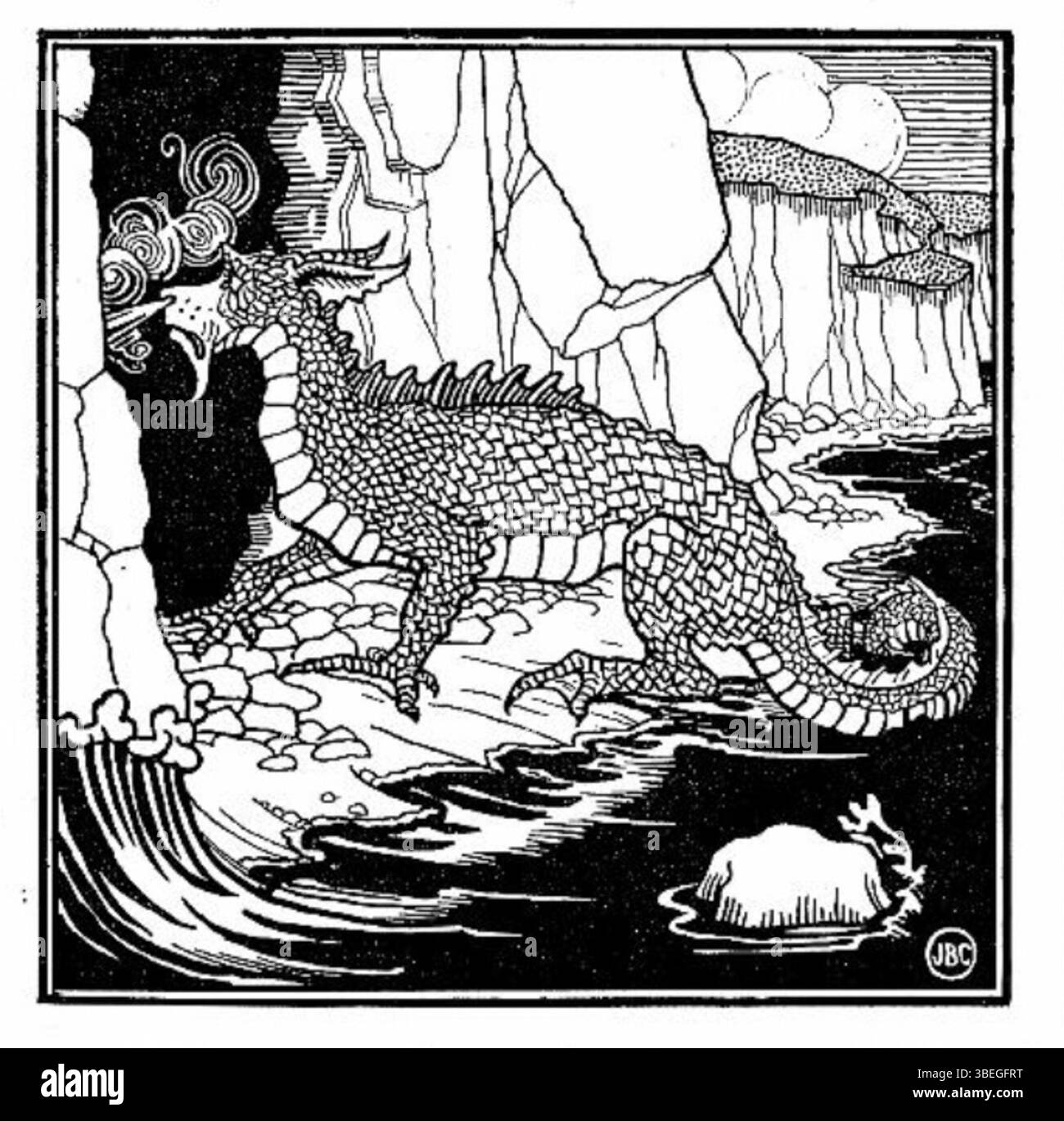 The Dragon ist eine Illustration von Joseph Benwell Clark aus dem Jahr 1896. Die Illustration zeigt einen furchterregenden Drachen, der Clarks Aufmerksamkeit für Fantasy und Fabelwesen zeigt. Dieses Stück ist Teil einer größeren Reihe abenteuerlicher Themen in Clarks Werk. Stockfoto