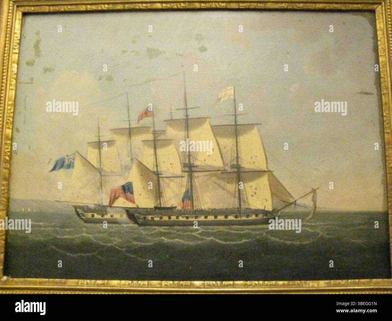 Dieses Gemälde, das nach Robert Dodds Werk von 1815 entstanden ist, zeigt die Schlacht zwischen der USS Chesapeake und der HMS Shannon im Jahr 1813. Das Kunstwerk fängt den Marinekrieg während des Krieges von 1812 ein, ein wichtiger Moment in der amerikanischen maritimen Geschichte. Stockfoto