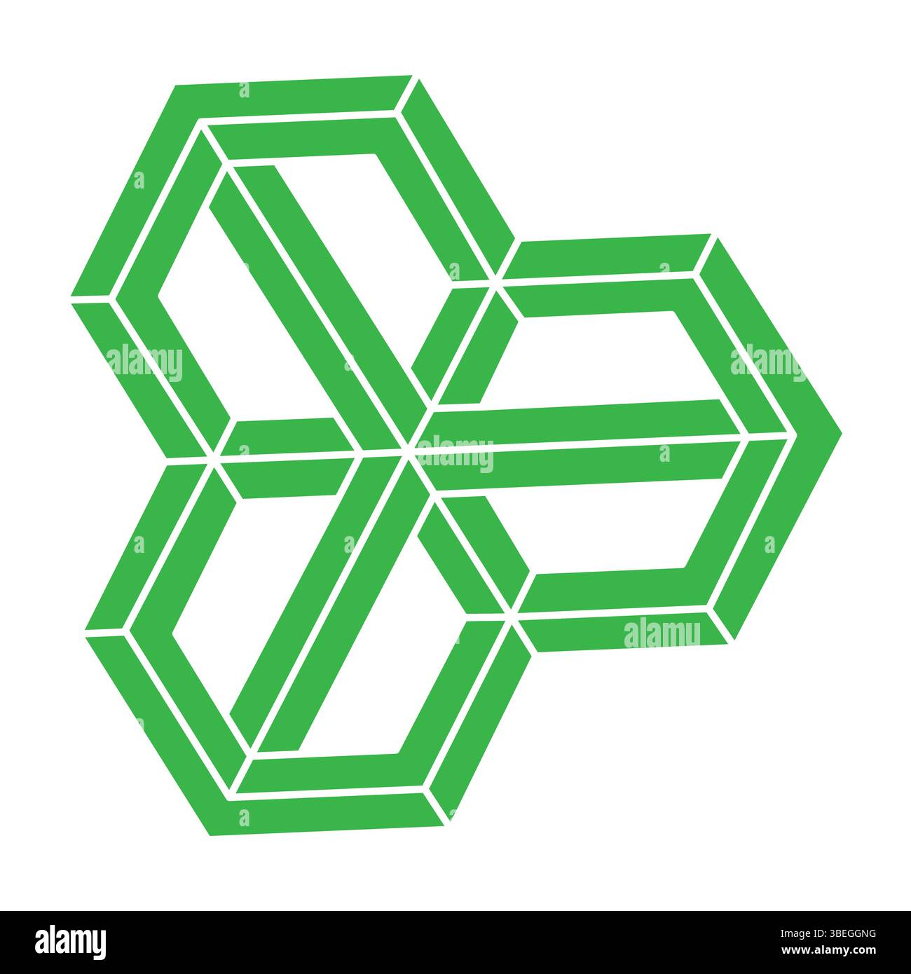 Unmögliche Formen, optische Illusion, Vektor. Optische Kunst grüne Objekte. Logo. Geometrische Figuren. Stock Vektor