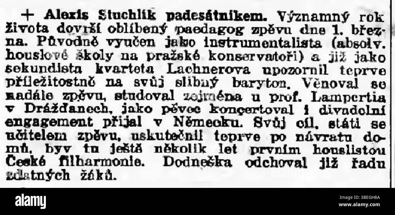zeitungsartikel von Národní politika vom 18. Februar 1926 anlässlich des 50. Geburtstages von Alexis Stuchlík. Stockfoto