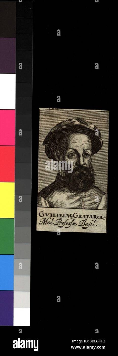 Kupferstich von Guilielmus Gratarolus, hergestellt 1688, der den historischen Arzt und Gelehrten im formalen Stil darstellt. Stockfoto