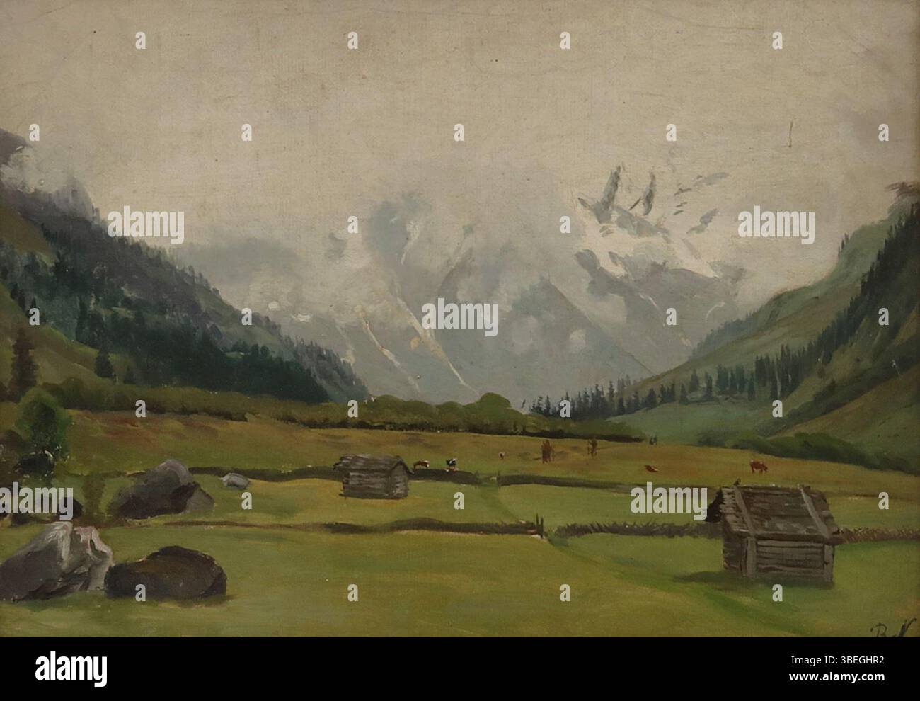 *Alm in Oberbayern* (um 1900) von Betty Nägeli zeigt eine ruhige ländliche Landschaft in Oberbayern, gemalt mit Öl auf Pappe. Das Stück hebt die natürliche Schönheit der alpinen Landschaft der Region hervor. Stockfoto
