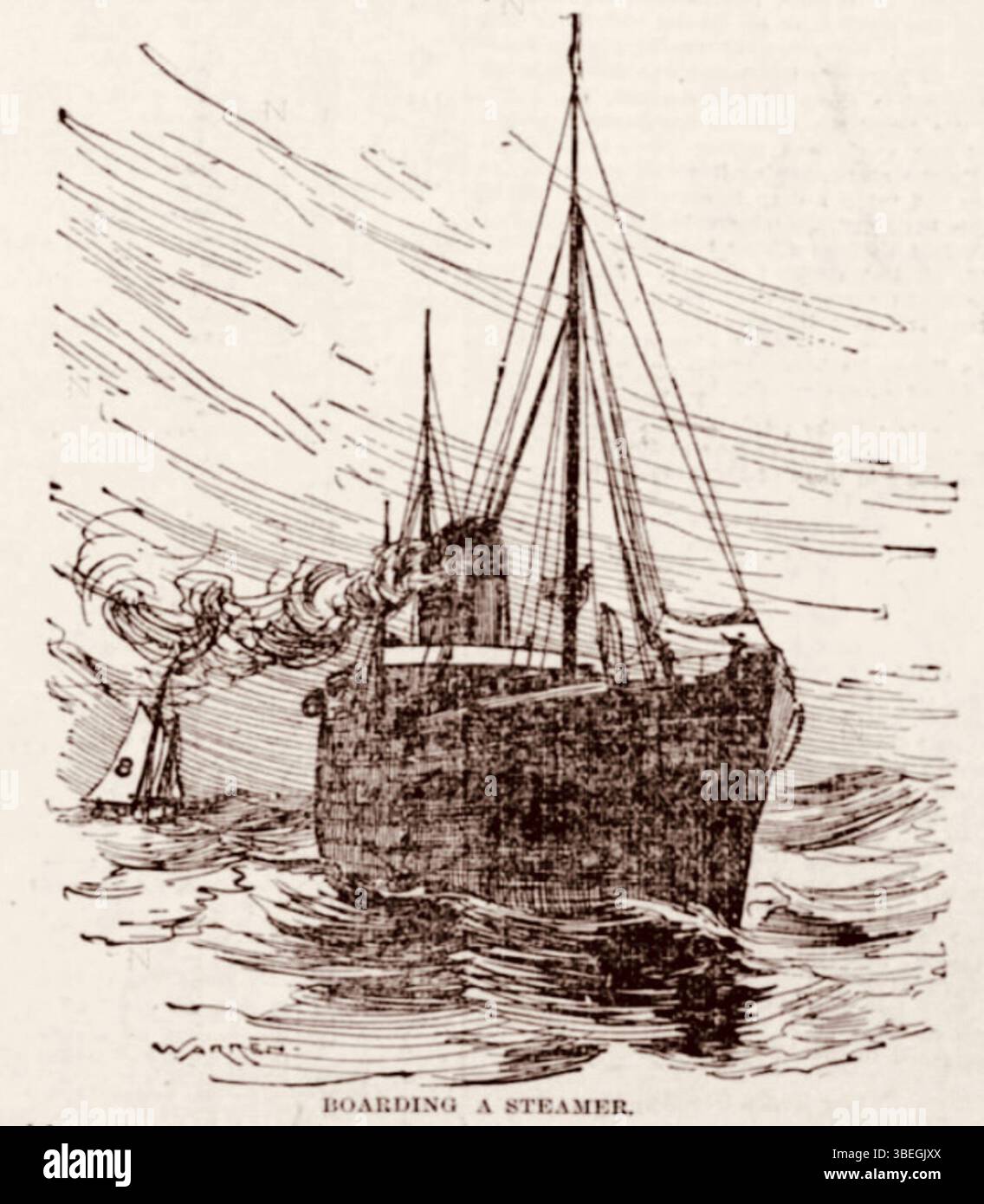 Diese Abbildung zeigt Edward E. Barrett, der 1895 an Bord eines Lotsenbootes an Bord eines Dampfers ging. Das Bild wurde am 24. Februar 1895 von The Democrat and Chronicle veröffentlicht. Stockfoto