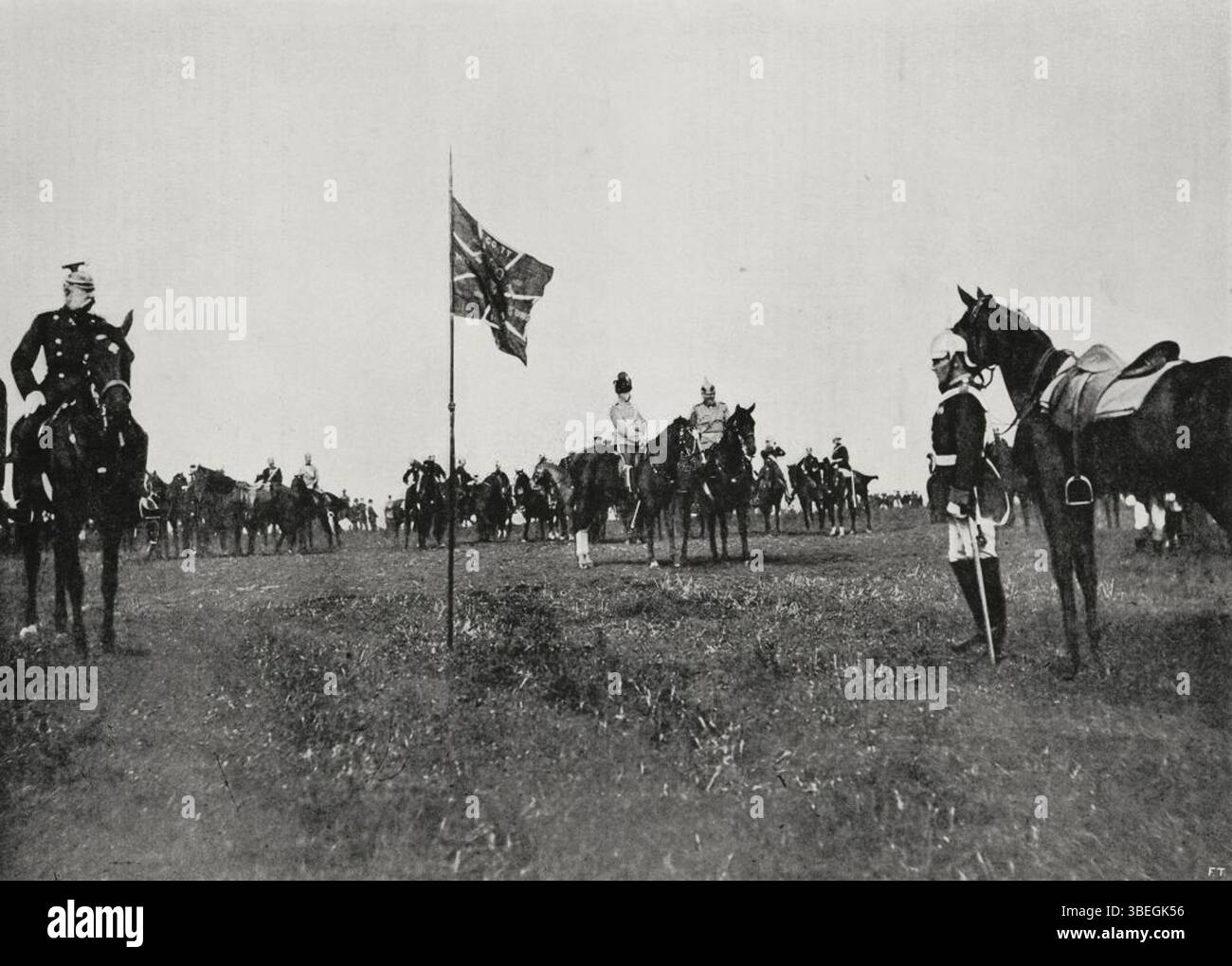 König Umberto I. von Italien und Fürst Albert von Preußen bei Militärmanövern, Butrabach, Deutschland, mit König Albrecht von Sachsen links, Foto von Edoardo Ximenes (1852-1932), aus L'Illustrazione Italiana, Jahr XXIV, Nr. 38, 19. September, 1897. Stockfoto