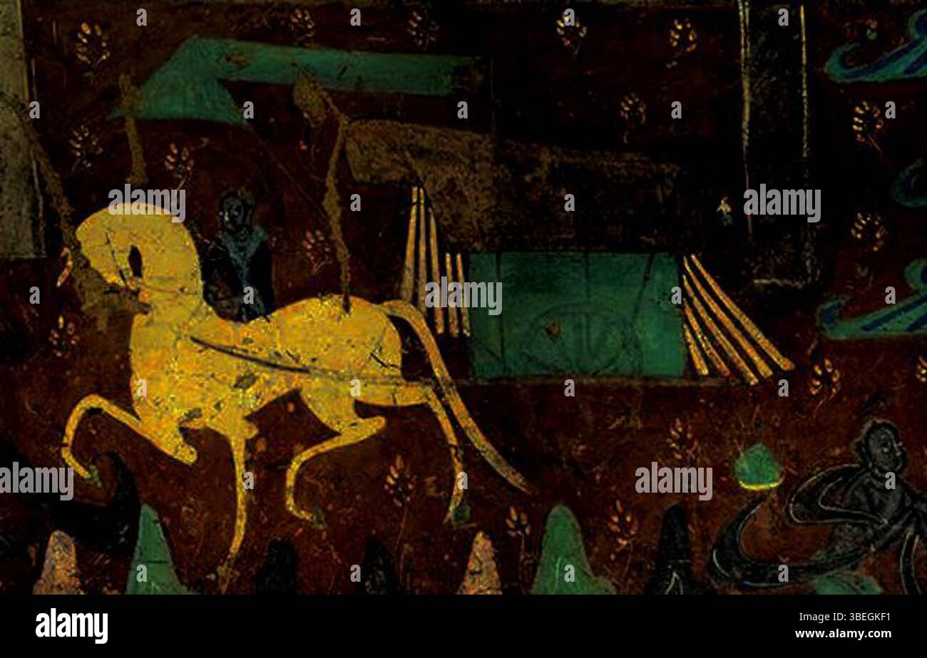 Das früheste bekannte Pferdegeschirr stammt aus dem Jahr 477-499 v. Chr. und wurde in Höhle 257 entdeckt. Dieses Artefakt bietet Einblicke in frühe Interaktionen zwischen Mensch und Tier sowie antike Transportmethoden. Stockfoto