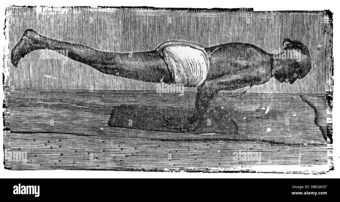 Diese Darstellung von Yogi Ghamande aus dem Jahr 1905 zeigt die Mayurasana-Pose, auch bekannt als die Pfauenposition, aus der Yogasopana-Sequenz. Das Bild veranschaulicht die yogische Haltung und betont Balance, Kraft und Konzentration, Schlüsselaspekte der fortgeschrittenen Yoga-Praxis. Stockfoto