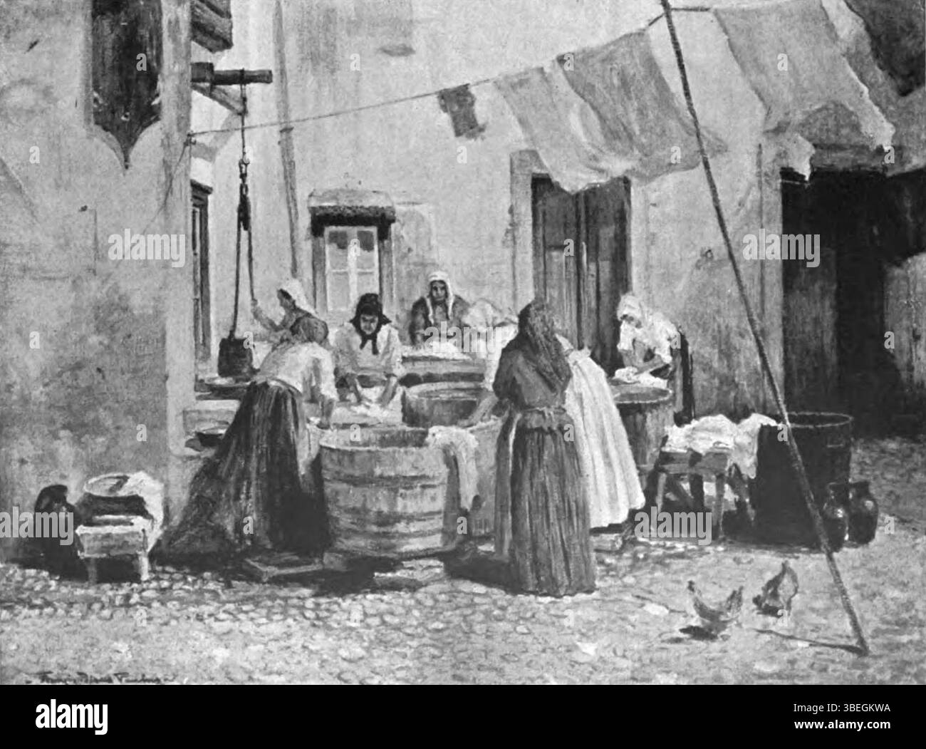 Ölgemälde auf Leinwand „Arbeit und Klatsch“ von Francis Petrus Paulus, geschaffen von 1926, das soziale Interaktionen in Lissabon, Portugal, während des frühen 20. Jahrhunderts darstellt. Stockfoto