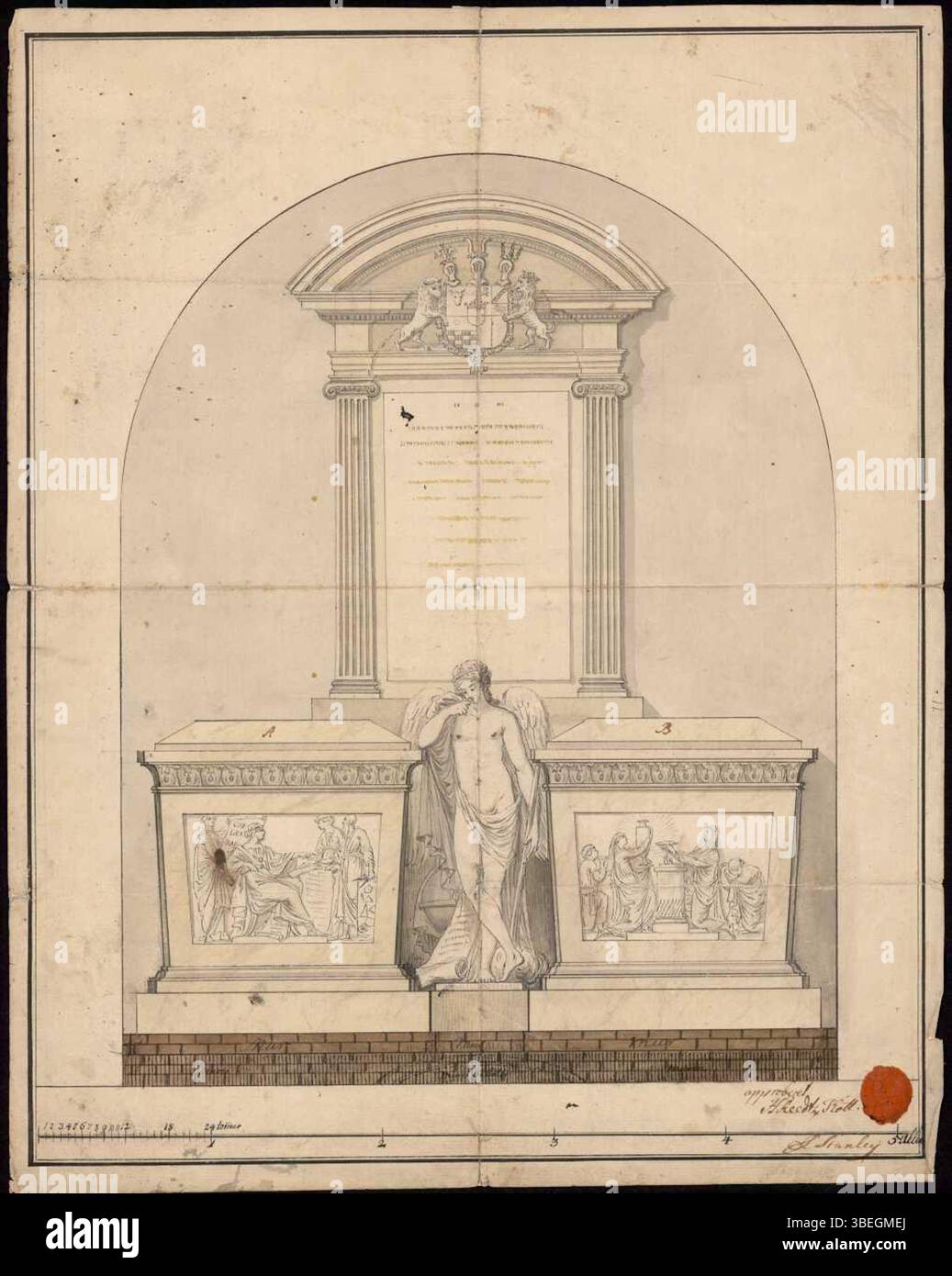 Dieser Grabstein in Sorø Klosterkirke, von C. F. Stanley zwischen 1786 und 1789 geschaffen, erinnert an Otto Thott und seine Frau Charlotte Kruse. Das Werk ist ein bedeutendes Stück dänischer Grabkunst, das den neoklassischen Stil dieser Zeit widerspiegelt. Stockfoto