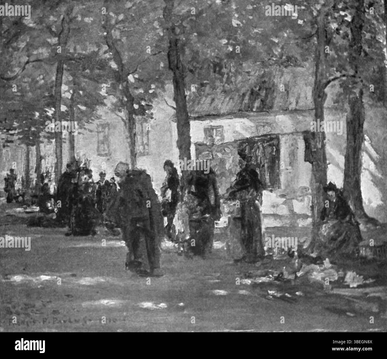 Ölgemälde „der alte Markt“ von Francis Petrus Paulus, datiert um 1912, die eine Marktszene mit Figuren darstellt, die urbanes Leben und Handel im frühen 20. Jahrhundert widerspiegelt. Stockfoto