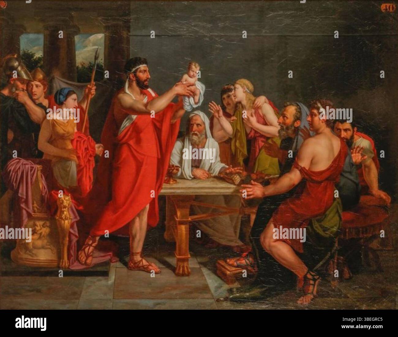 Louis-Charles-Auguste Couders Gemälde „Lycurgus präsentiert den Erben der Spartaner“ aus dem Jahr 1811 zeigt einen historischen Moment im antiken Sparta. Das Kunstwerk, das in einer privaten Sammlung untergebracht ist, zeigt Lycurgus, wie er den spartanischen Erben vorstellt. Stockfoto